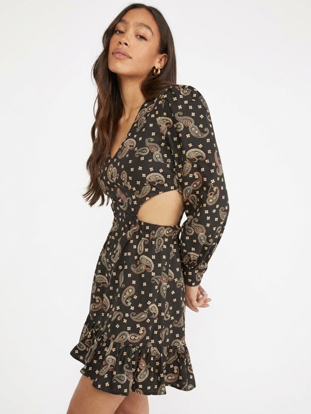 JustFab Black Paisley Print Long Sleeve Cutout Cotton Mini Dress Boho Whimsigoth